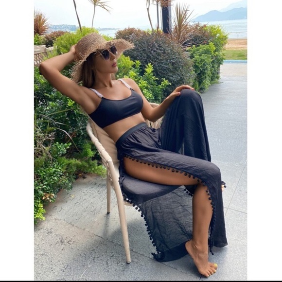 🐚 TALL WHITE POM POM SLIT HIGH WAIST BEACH PANTS! - Picture 9 of 12